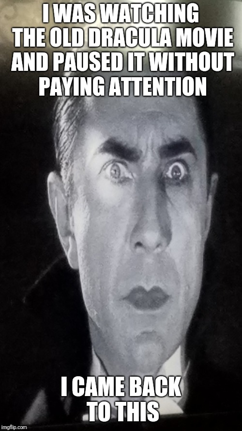 I WAS WATCHING THE OLD DRACULA MOVIE AND PAUSED IT WITHOUT PAYING ATTENTION; I CAME BACK TO THIS | image tagged in dracula,crazy eyes,eyes | made w/ Imgflip meme maker