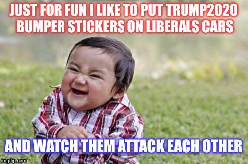 Evil Toddler Meme | JUST FOR FUN I LIKE TO PUT TRUMP2020 BUMPER STICKERS ON LIBERALS CARS; AND WATCH THEM ATTACK EACH OTHER | image tagged in memes,evil toddler,maga,trump,liberals | made w/ Imgflip meme maker