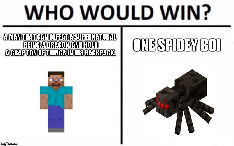Who Would Win? Meme | A MAN THAT CAN DEFEAT A SUPERNATURAL BEING, A DRAGON, AND HOLD A CRAP TON OF THINGS IN HIS BACKPACK. ONE SPIDEY BOI | image tagged in memes,who would win | made w/ Imgflip meme maker