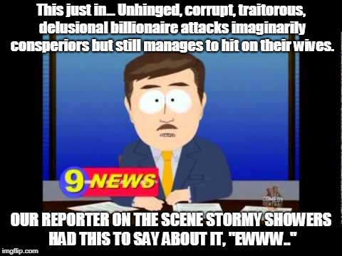 South Park News Reporter | This just in... Unhinged, corrupt, traitorous, delusional billionaire attacks imaginarily consperiors but still manages to hit on their wives. OUR REPORTER ON THE SCENE STORMY SHOWERS HAD THIS TO SAY ABOUT IT, "EWWW.." | image tagged in south park news reporter | made w/ Imgflip meme maker