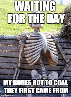 Waiting Skeleton | WAITING FOR THE DAY; MY BONES ROT TO COAL THEY FIRST CAME FROM | image tagged in memes,waiting skeleton | made w/ Imgflip meme maker