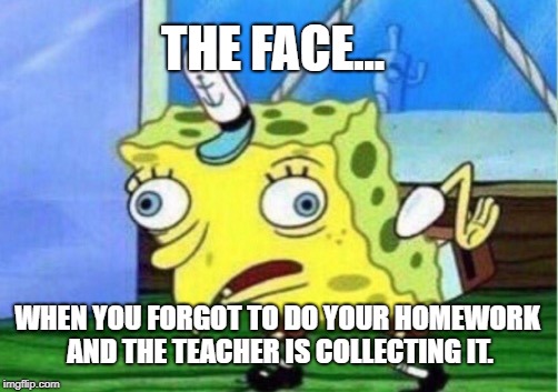 Mocking Spongebob Meme | THE FACE... WHEN YOU FORGOT TO DO YOUR HOMEWORK AND THE TEACHER IS COLLECTING IT. | image tagged in memes,mocking spongebob | made w/ Imgflip meme maker