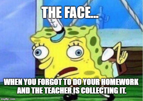 Mocking Spongebob | THE FACE... WHEN YOU FORGOT TO DO YOUR HOMEWORK AND THE TEACHER IS COLLECTING IT. | image tagged in memes,mocking spongebob | made w/ Imgflip meme maker