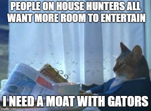 I Should Buy A Moat | PEOPLE ON HOUSE HUNTERS ALL WANT MORE ROOM TO ENTERTAIN; I NEED A MOAT WITH GATORS | image tagged in memes,i should buy a boat cat | made w/ Imgflip meme maker