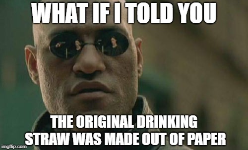 Matrix Morpheus Meme | WHAT IF I TOLD YOU; THE ORIGINAL DRINKING STRAW WAS MADE OUT OF PAPER | image tagged in memes,matrix morpheus | made w/ Imgflip meme maker