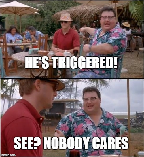 See Nobody Cares Meme | HE'S TRIGGERED! SEE? NOBODY CARES | image tagged in memes,see nobody cares | made w/ Imgflip meme maker
