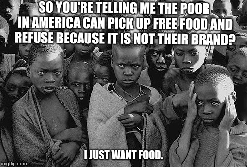 poor children | SO YOU'RE TELLING ME THE POOR IN AMERICA CAN PICK UP FREE FOOD AND REFUSE BECAUSE IT IS NOT THEIR BRAND? I JUST WANT FOOD. | image tagged in poor children | made w/ Imgflip meme maker