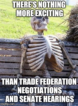 Waiting Skeleton Meme | THERE'S NOTHING MORE EXCITING THAN TRADE FEDERATION NEGOTIATIONS AND SENATE HEARINGS | image tagged in memes,waiting skeleton | made w/ Imgflip meme maker