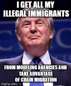 Donald Trump smug | I GET ALL MY ILLEGAL IMMIGRANTS FROM MODELING AGENCIES
AND TAKE ADVANTAGE OF CHAIN MIGRATION | image tagged in donald trump smug | made w/ Imgflip meme maker