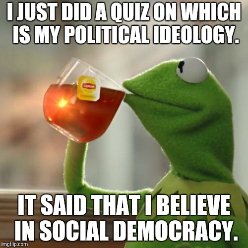 It was on Quotev. So I'm pretty sure that it's not so accurate. I dunno. :P | I JUST DID A QUIZ ON WHICH IS MY POLITICAL IDEOLOGY. IT SAID THAT I BELIEVE IN SOCIAL DEMOCRACY. | image tagged in memes,kermit the frog,politics,democracy,quiz | made w/ Imgflip meme maker