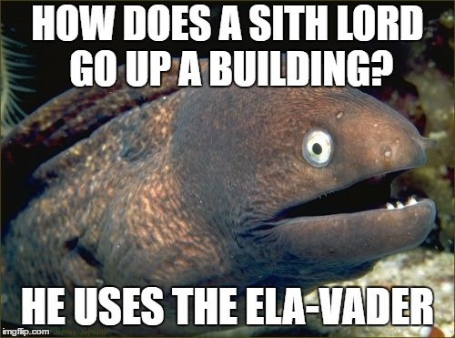 Bad Joke Eel Meme | HOW DOES A SITH LORD GO UP A BUILDING? HE USES THE ELA-VADER | image tagged in memes,bad joke eel | made w/ Imgflip meme maker