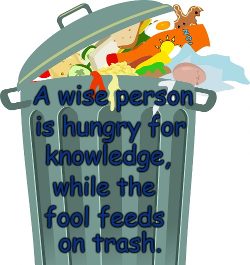 Proverbs 15:14 A Wise Person Is Hungry For Knowledge Fools Feed On Trash! | A wise person; is hungry for; knowledge, while the; fool feeds; on trash. | image tagged in bible,holy bible,holy spirit,bible verse,verse,god | made w/ Imgflip meme maker