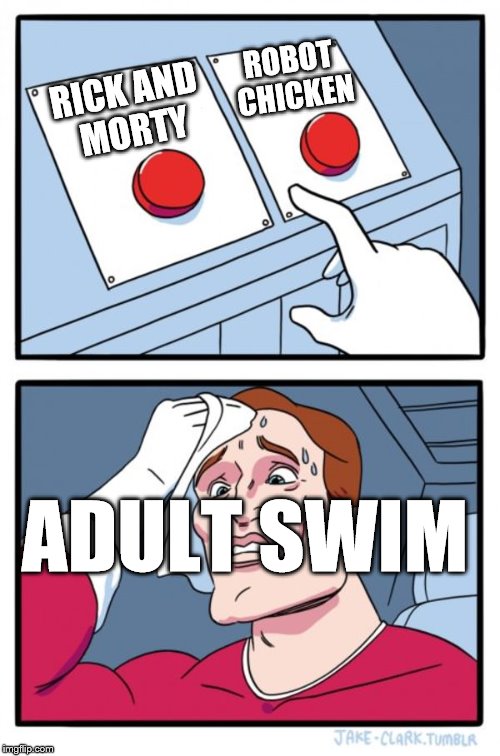 Adult Swim's Struggle | ROBOT CHICKEN; RICK AND MORTY; ADULT SWIM | image tagged in memes,two buttons,funny,adult swim,rick and morty,robot chicken | made w/ Imgflip meme maker