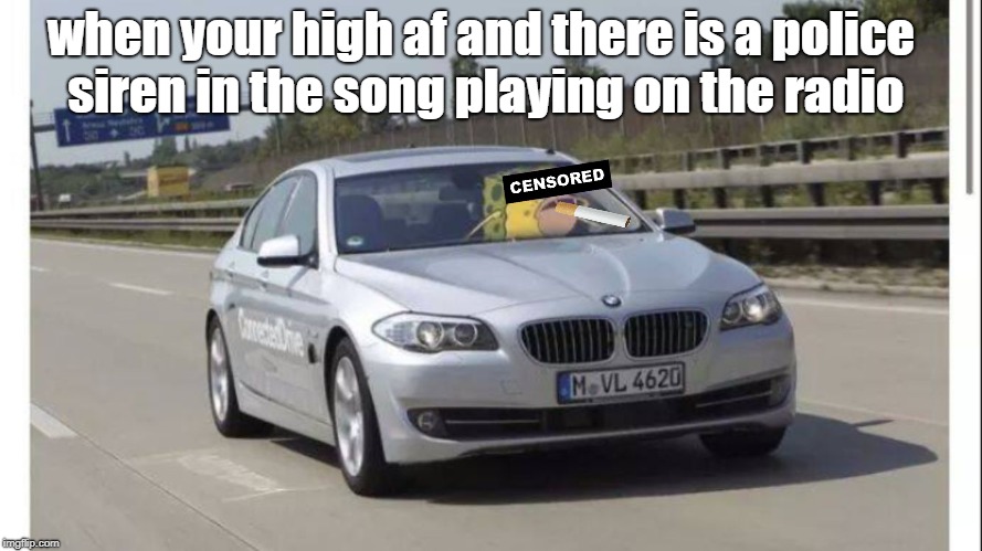 Smokin' Weed Everyday | when your high af and there is a police siren in the song playing on the radio | image tagged in spongegar,police,smoking,car,weed | made w/ Imgflip meme maker
