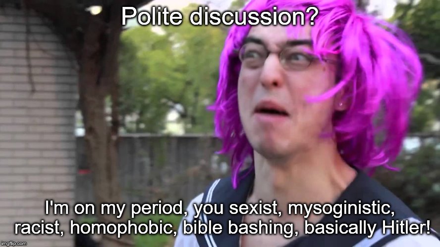 Polite discussion? I'm on my period, you sexist, mysoginistic, racist, homophobic, bible bashing, basically Hitler! | made w/ Imgflip meme maker