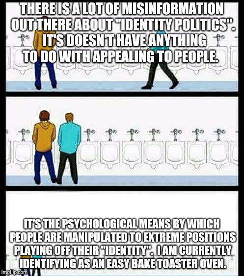 Urinal Guy (More text room) | THERE IS A LOT OF MISINFORMATION OUT THERE ABOUT "IDENTITY POLITICS".  IT'S DOESN'T HAVE ANYTHING TO DO WITH APPEALING TO PEOPLE. IT'S THE PSYCHOLOGICAL MEANS BY WHICH PEOPLE ARE MANIPULATED TO EXTREME POSITIONS PLAYING OFF THEIR "IDENTITY".  I AM CURRENTLY IDENTIFYING AS AN EASY BAKE TOASTER OVEN. | image tagged in urinal guy more text room | made w/ Imgflip meme maker