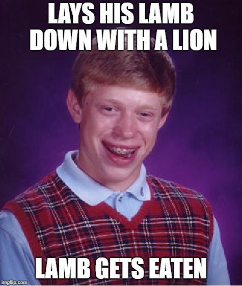 Bad Luck Brian Meme | LAYS HIS LAMB DOWN WITH A LION LAMB GETS EATEN | image tagged in memes,bad luck brian | made w/ Imgflip meme maker