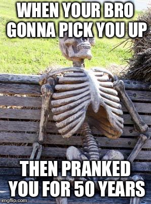 Waiting Skeleton | WHEN YOUR BRO GONNA PICK YOU UP; THEN PRANKED YOU FOR 50 YEARS | image tagged in memes,waiting skeleton | made w/ Imgflip meme maker