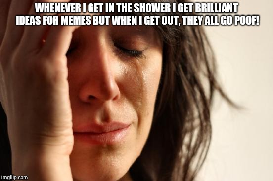 Every time.............. | WHENEVER I GET IN THE SHOWER I GET BRILLIANT IDEAS FOR MEMES BUT WHEN I GET OUT, THEY ALL GO POOF! | image tagged in memes,first world problems,funny memes,shower thoughts,fml,special kind of stupid | made w/ Imgflip meme maker