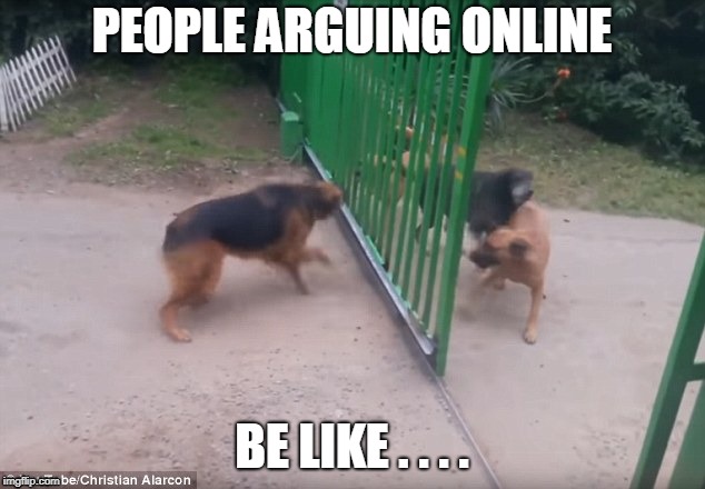 Open Gate Barking | PEOPLE ARGUING ONLINE; BE LIKE . . . . | image tagged in funny dogs | made w/ Imgflip meme maker