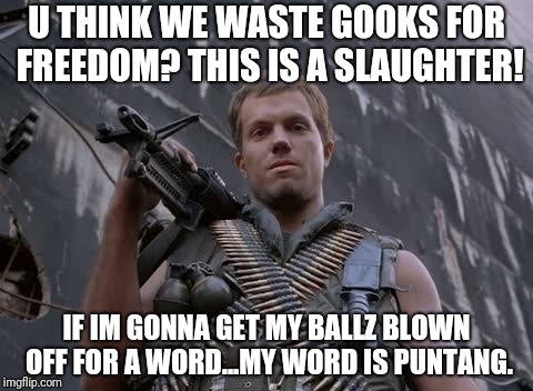 freedom | U THINK WE WASTE GOOKS FOR FREEDOM? THIS IS A SLAUGHTER! IF IM GONNA GET MY BALLZ BLOWN OFF FOR A WORD...MY WORD IS PUNTANG. | image tagged in freedom | made w/ Imgflip meme maker