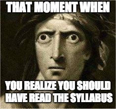 that moment when | THAT MOMENT WHEN; YOU REALIZE YOU SHOULD HAVE READ THE SYLLABUS | image tagged in that moment when | made w/ Imgflip meme maker