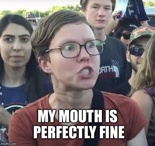 Triggered feminist | MY MOUTH IS PERFECTLY FINE | image tagged in triggered feminist | made w/ Imgflip meme maker