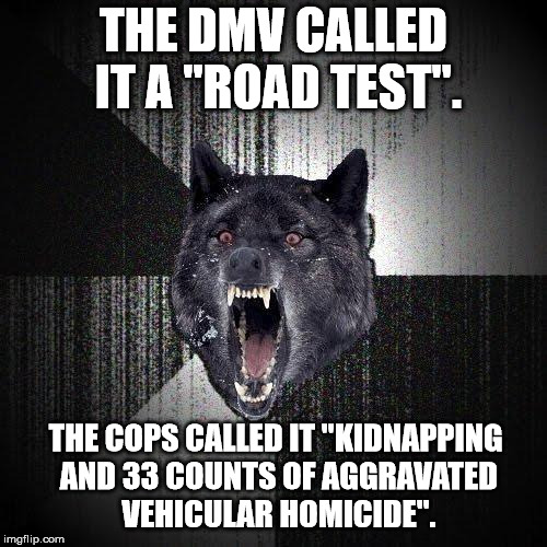 Road Test Rage | THE DMV CALLED IT A "ROAD TEST". THE COPS CALLED IT "KIDNAPPING AND 33 COUNTS OF AGGRAVATED VEHICULAR HOMICIDE". | image tagged in memes,insanity wolf,dank memes,first world problems,funny | made w/ Imgflip meme maker