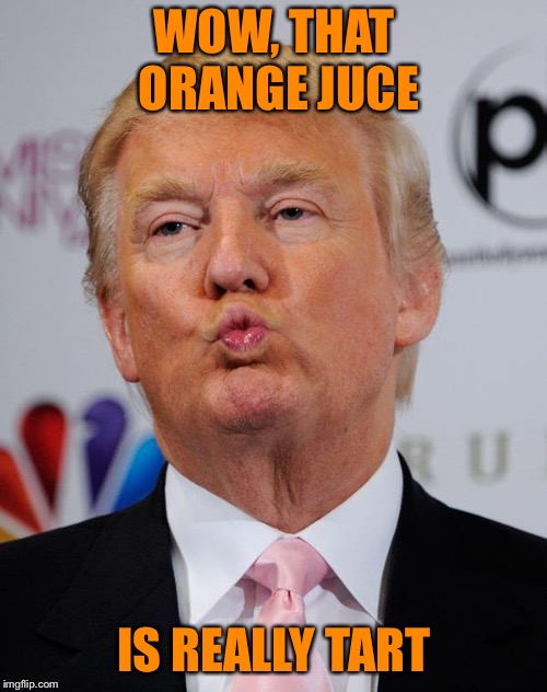 Trump pucker | WOW, THAT ORANGE JUCE IS REALLY TART | image tagged in trump pucker | made w/ Imgflip meme maker