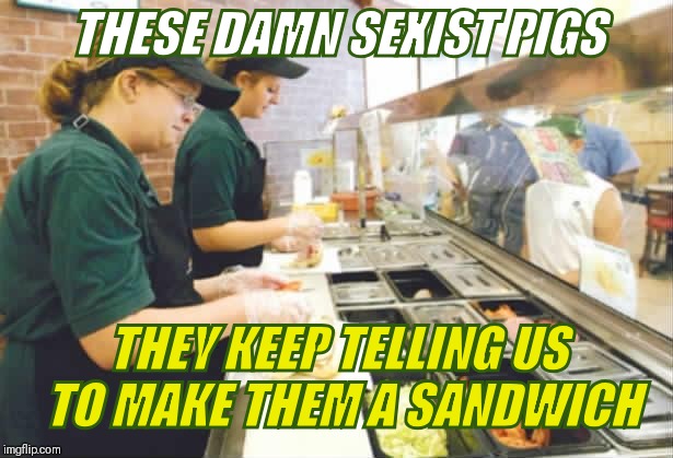 Subway  | THESE DAMN SEXIST PIGS; THEY KEEP TELLING US TO MAKE THEM A SANDWICH | image tagged in subway | made w/ Imgflip meme maker