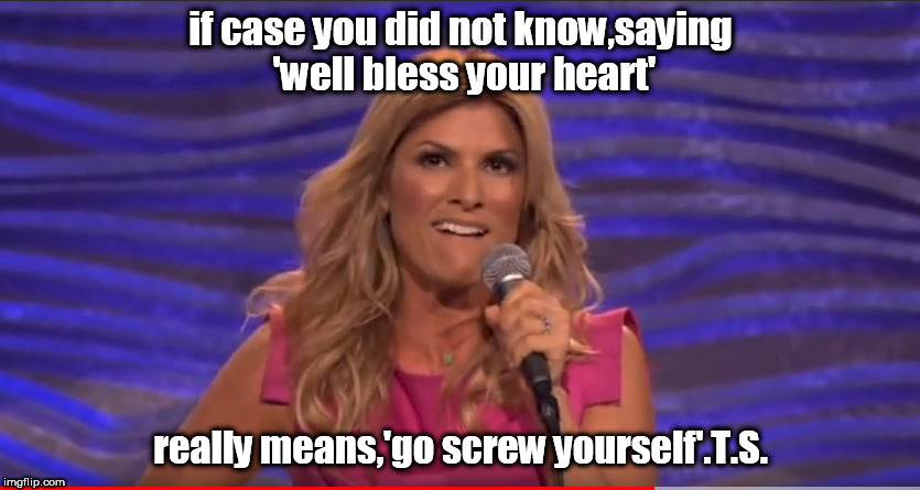trish suhr. bless your means go screw youself | if case you did not know,saying 'well bless your heart'; really means,'go screw yourself'.T.S. | image tagged in trish suhr,southern pride,bless your heart | made w/ Imgflip meme maker