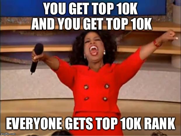 Oprah You Get A Meme | YOU GET TOP 10K AND YOU GET TOP 10K; EVERYONE GETS TOP 10K RANK | image tagged in memes,oprah you get a | made w/ Imgflip meme maker