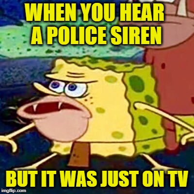 Sponge gar | WHEN YOU HEAR A POLICE SIREN; BUT IT WAS JUST ON TV | image tagged in sponge gar,funny memes,tv show,police | made w/ Imgflip meme maker