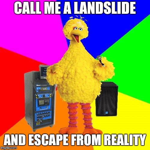 Wrong lyrics karaoke big bird | CALL ME A LANDSLIDE AND ESCAPE FROM REALITY | image tagged in wrong lyrics karaoke big bird | made w/ Imgflip meme maker