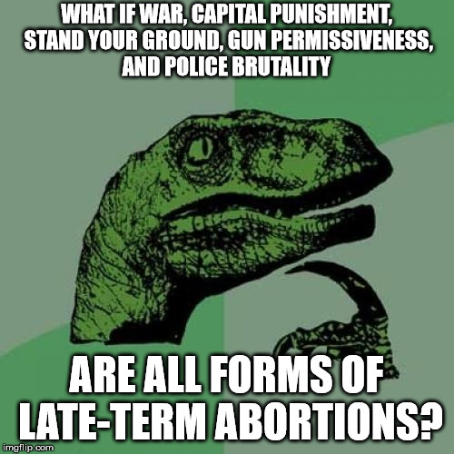 Philosoraptor Meme | WHAT IF WAR, CAPITAL PUNISHMENT, STAND YOUR GROUND, GUN PERMISSIVENESS, AND POLICE BRUTALITY ARE ALL FORMS OF LATE-TERM ABORTIONS? | image tagged in memes,philosoraptor | made w/ Imgflip meme maker