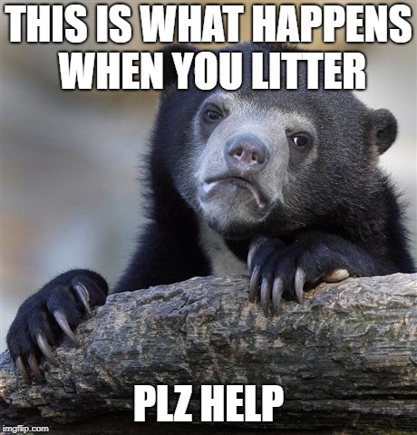 Confession Bear | THIS IS WHAT HAPPENS WHEN YOU LITTER; PLZ HELP | image tagged in memes,confession bear | made w/ Imgflip meme maker