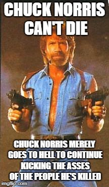 Chuck Norris2 | CHUCK NORRIS CAN'T DIE; CHUCK NORRIS MERELY GOES TO HELL TO CONTINUE KICKING THE ASSES OF THE PEOPLE HE'S KILLED | image tagged in chuck norris2 | made w/ Imgflip meme maker