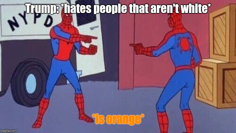 spiderman pointing at spiderman | Trump: *hates people that aren't white*; *is orange* | image tagged in spiderman pointing at spiderman | made w/ Imgflip meme maker