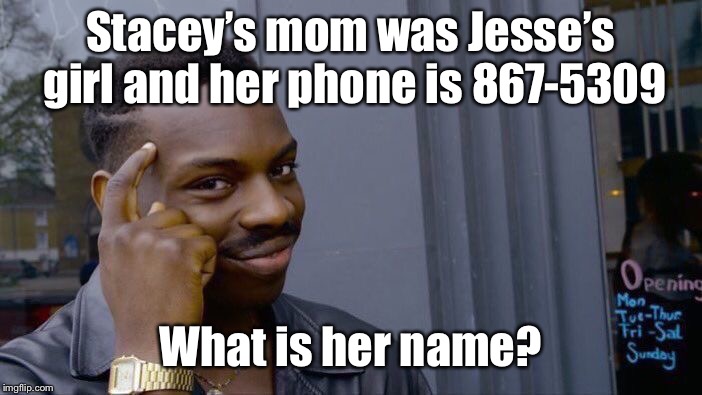 Roll Safe Think About It Meme | Stacey’s mom was Jesse’s girl and her phone is 867-5309 What is her name? | image tagged in memes,roll safe think about it | made w/ Imgflip meme maker
