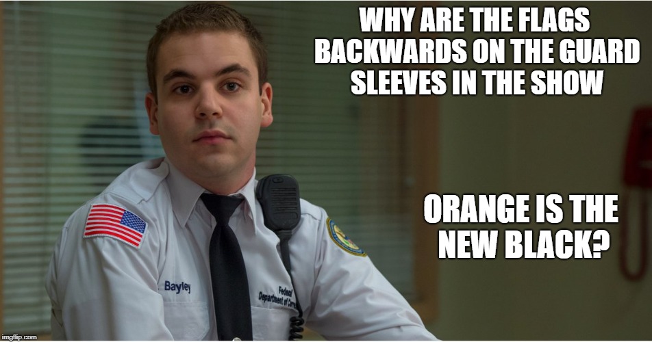 Orange is the New Black | WHY ARE THE FLAGS BACKWARDS ON THE GUARD SLEEVES IN THE SHOW; ORANGE IS THE NEW BLACK? | image tagged in american flag,us flag,american politics,hollywood liberals | made w/ Imgflip meme maker