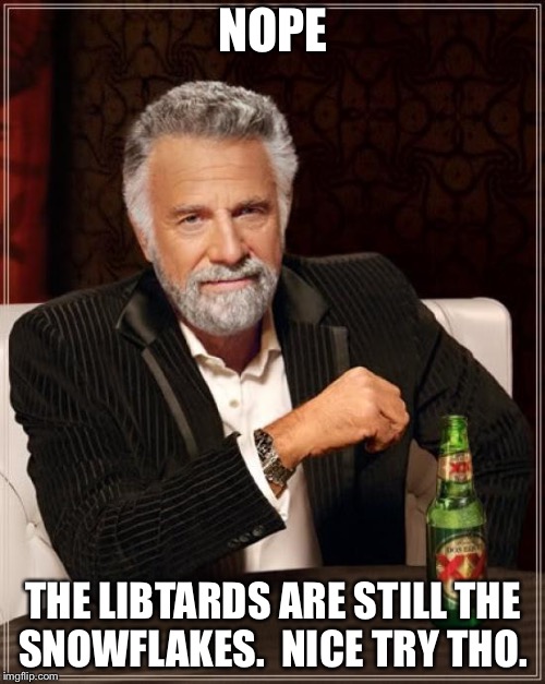 The Most Interesting Man In The World Meme | NOPE THE LIBTARDS ARE STILL THE SNOWFLAKES.

NICE TRY THO. | image tagged in memes,the most interesting man in the world | made w/ Imgflip meme maker