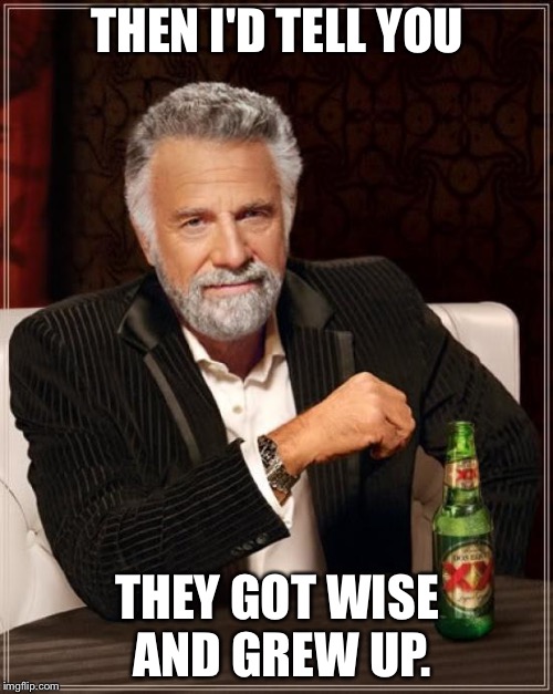 The Most Interesting Man In The World Meme | THEN I'D TELL YOU THEY GOT WISE AND GREW UP. | image tagged in memes,the most interesting man in the world | made w/ Imgflip meme maker