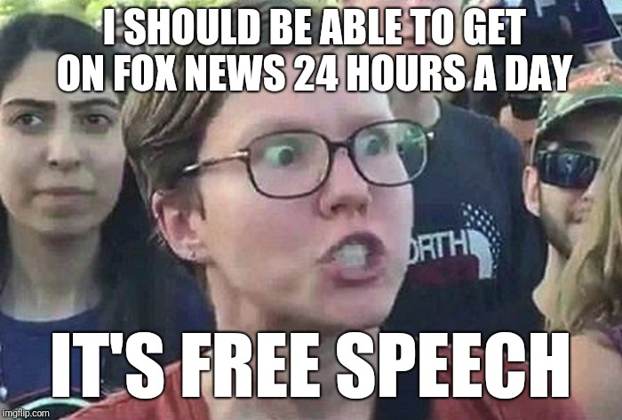 Triggered Liberal | I SHOULD BE ABLE TO GET ON FOX NEWS 24 HOURS A DAY IT'S FREE SPEECH | image tagged in triggered liberal | made w/ Imgflip meme maker