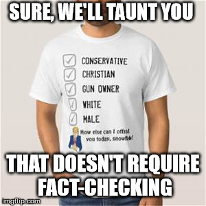Proud Conservative Values Man | SURE, WE'LL TAUNT YOU THAT DOESN'T REQUIRE FACT-CHECKING | image tagged in proud conservative values man | made w/ Imgflip meme maker