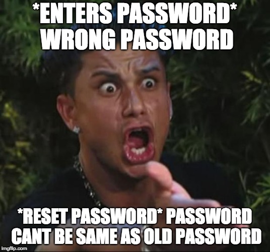 DJ Pauly D Meme | *ENTERS PASSWORD* WRONG PASSWORD; *RESET PASSWORD* PASSWORD CANT BE SAME AS OLD PASSWORD | image tagged in memes,dj pauly d | made w/ Imgflip meme maker