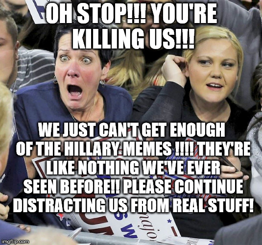 Trump supporters | OH STOP!!! YOU'RE KILLING US!!! WE JUST CAN'T GET ENOUGH OF THE HILLARY MEMES !!!! THEY'RE LIKE NOTHING WE'VE EVER SEEN BEFORE!! PLEASE CONT | image tagged in trump supporters | made w/ Imgflip meme maker