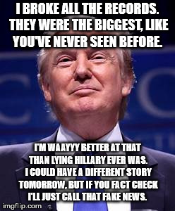Donald Trump smug | I BROKE ALL THE RECORDS. THEY WERE THE BIGGEST, LIKE YOU'VE NEVER SEEN BEFORE. I'M WAAYYY BETTER AT THAT THAN LYING HILLARY EVER WAS. I COUL | image tagged in donald trump smug | made w/ Imgflip meme maker