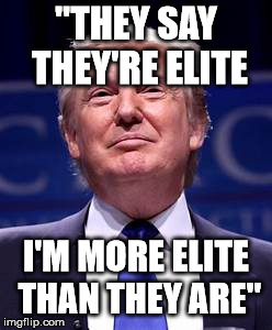 Donald Trump smug | "THEY SAY THEY'RE ELITE I'M MORE ELITE THAN THEY ARE" | image tagged in donald trump smug | made w/ Imgflip meme maker
