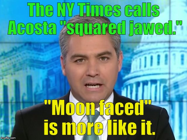Jimmy "Moon Face" Acosta, hero of CNN and fearless badgerer of Press Secretaries and Presidents. So brave, so brave! | The NY Times calls Acosta "squared jawed."; "Moon faced" is more like it. | image tagged in jim acosta,square jaw my eye,moon face acosta is more like it,hero of cnn,and darling of the fifth estate,douglie | made w/ Imgflip meme maker