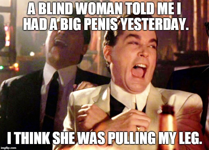 Good Fellas Hilarious Meme | A BLIND WOMAN TOLD ME I HAD A BIG PENIS YESTERDAY. I THINK SHE WAS PULLING MY LEG. | image tagged in memes,good fellas hilarious | made w/ Imgflip meme maker